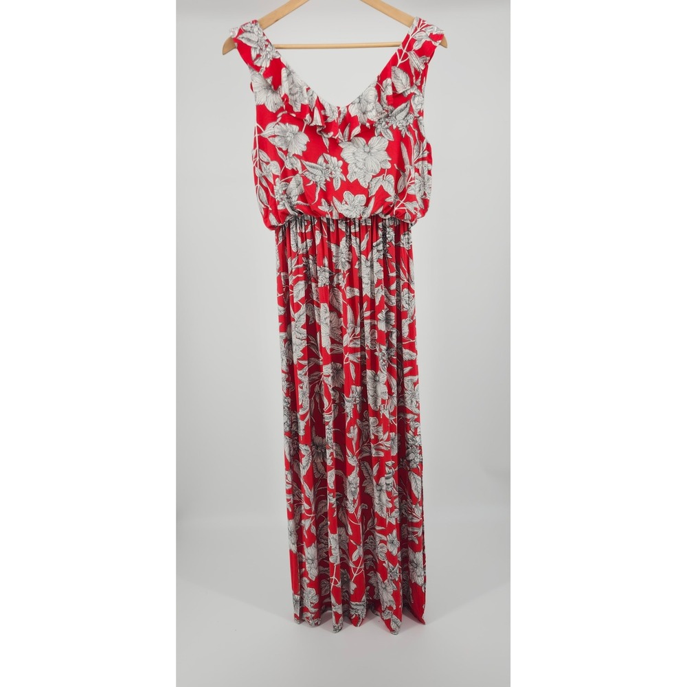 NWT Matty M Red Floral Ruffle V-Neck Maxi Dress SM Sleeveless Side Slit Tassel